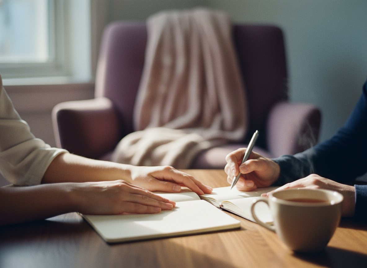 A calm, reassuring consultation across a table in soft, warm light.