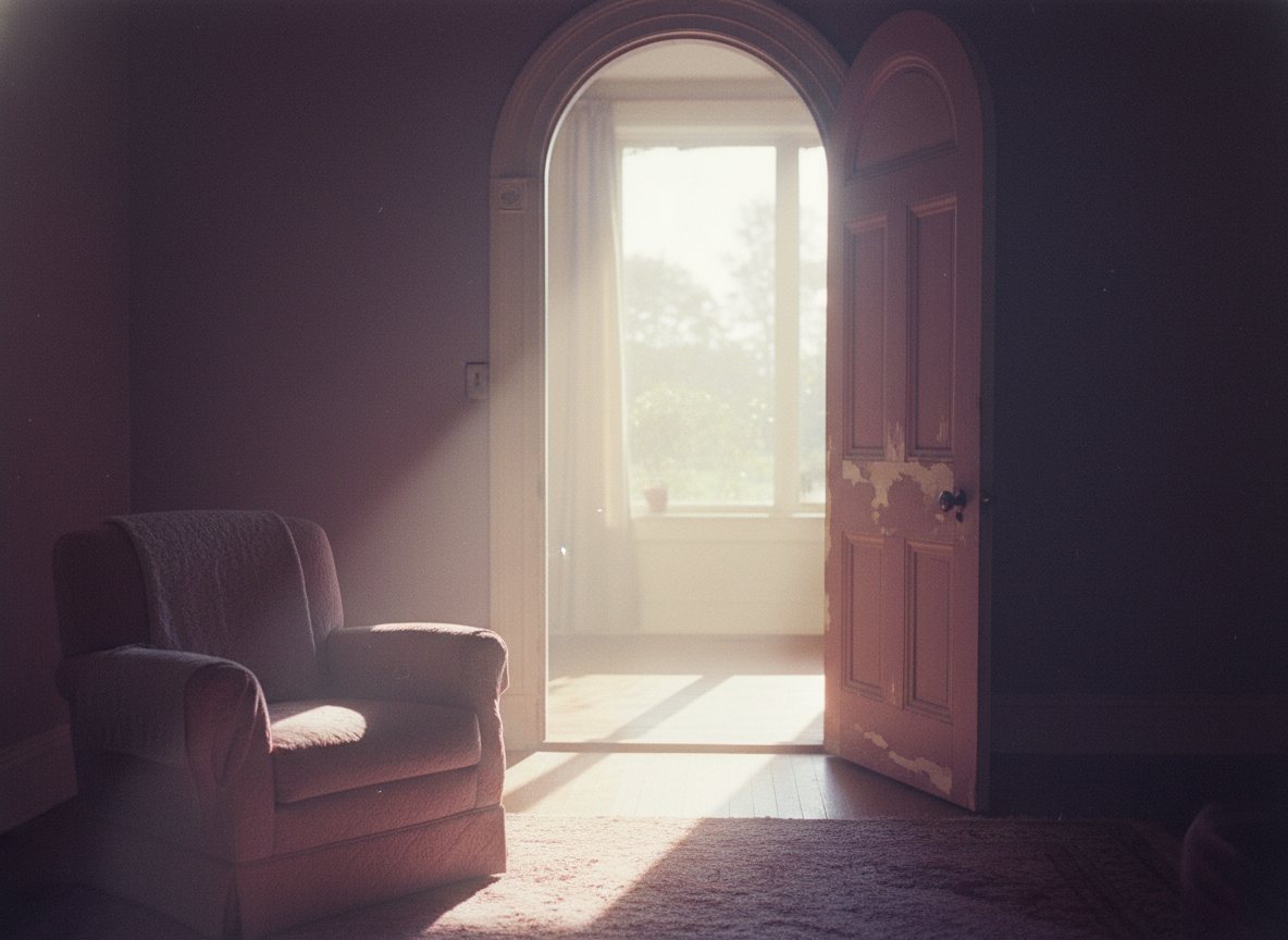 An open door to soft, hopeful light — choosing a path forward.